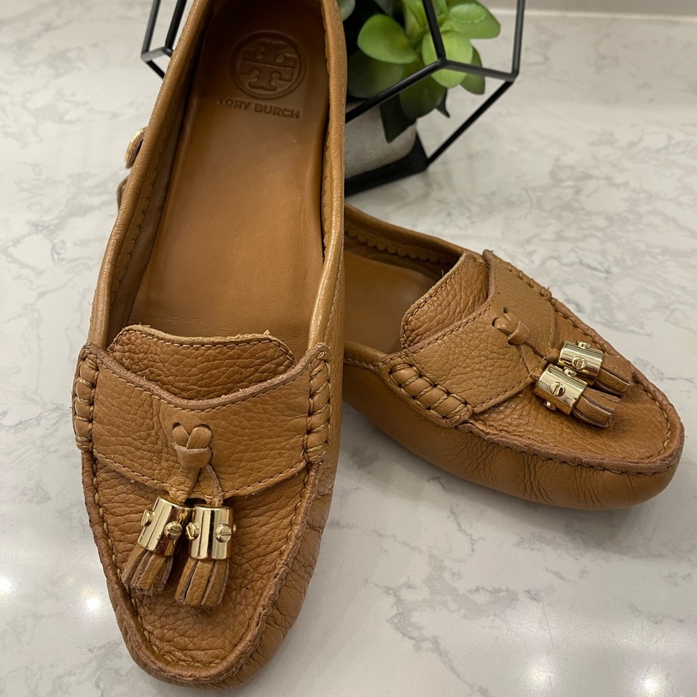 Tory Burch Tan Leather Loafers with Gold Accents